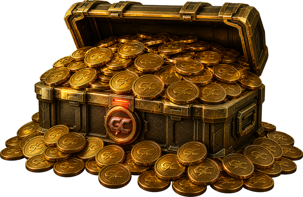 A vault chest overflowing with gold Game Companion tokens