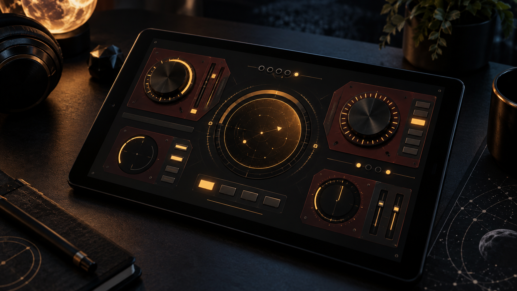Illustration of a tablet cockpit interface with amber touch controls and rotary dials