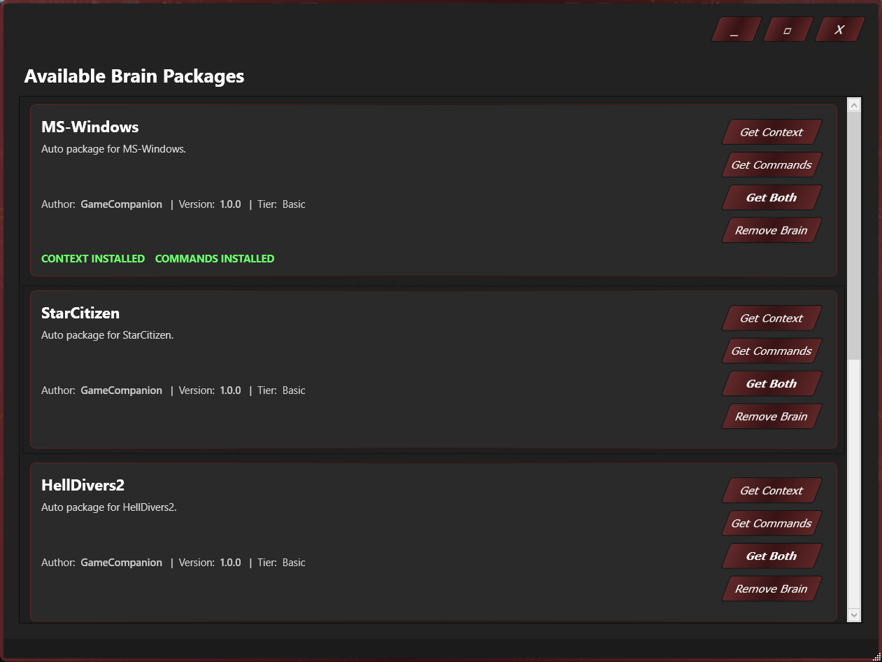 Brain Store showing downloadable game command packs