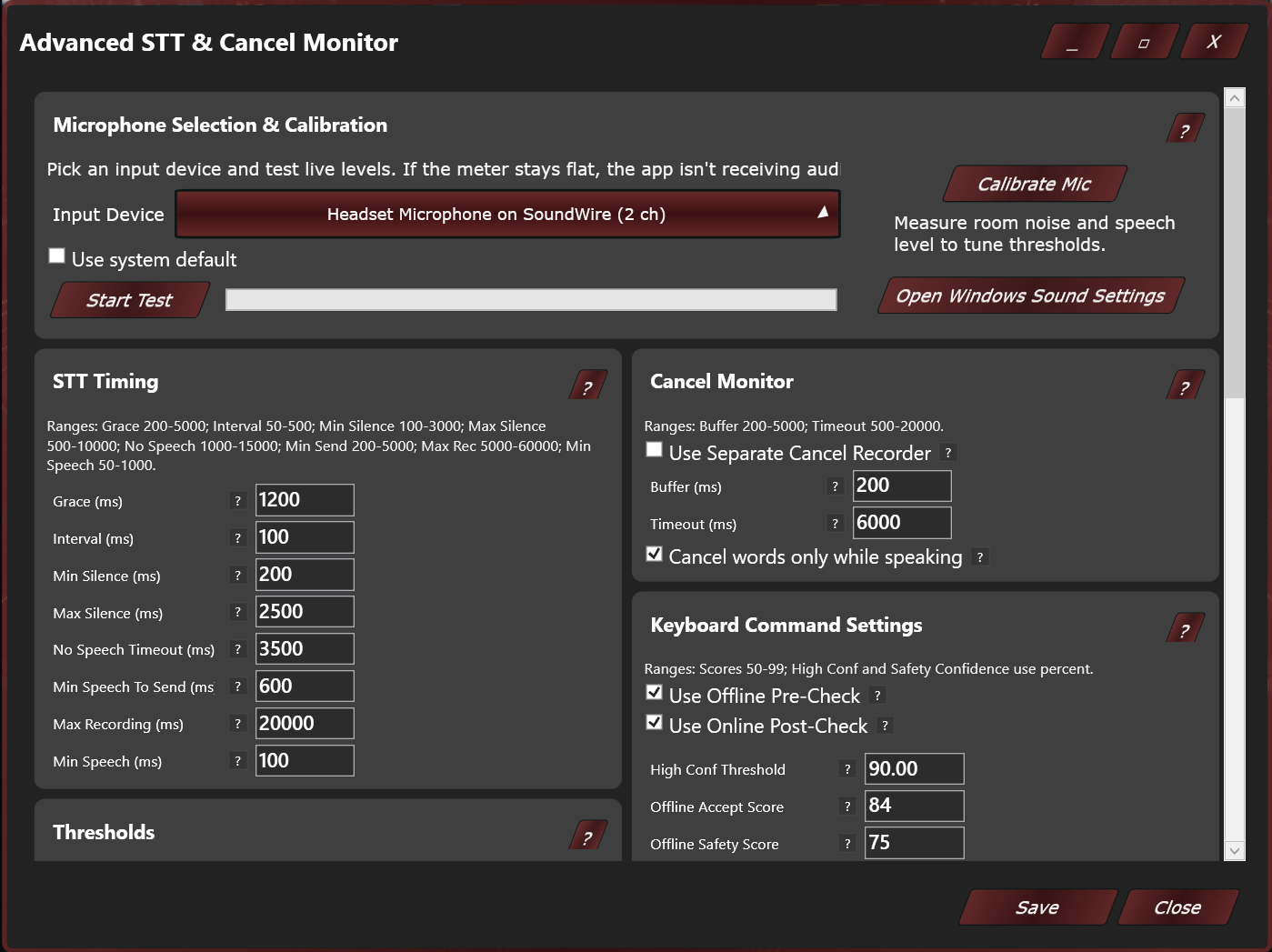 Game Companion advanced audio screen with microphone selection, calibration, and speech settings
