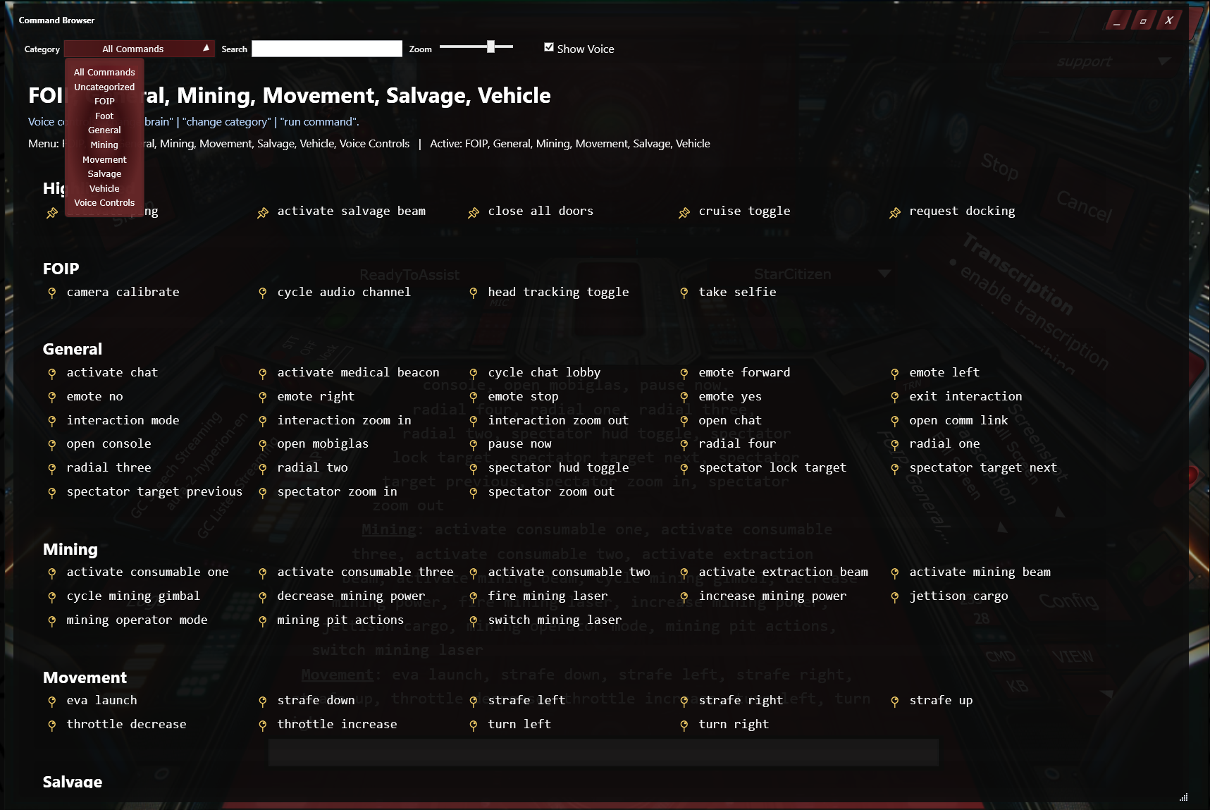 Command Browser listing available voice commands