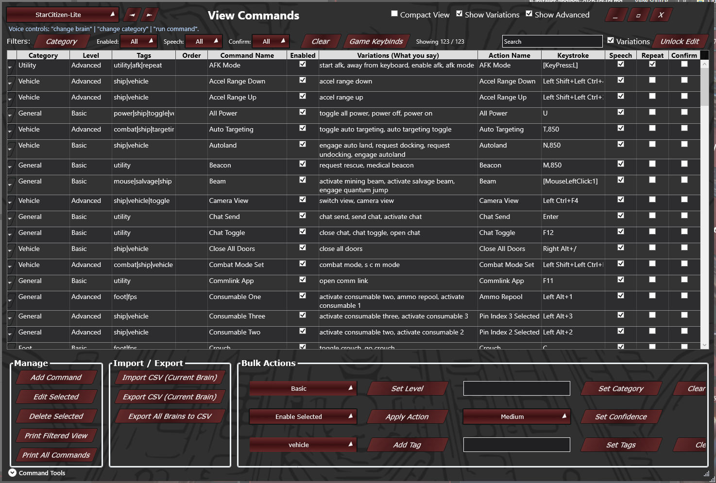 Game Companion View Commands window showing command names, spoken variations, key mappings, and editing controls