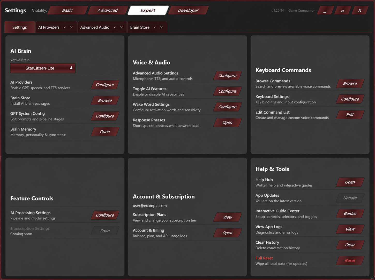 Game Companion Settings window with Brain, AI provider, audio, command, account, and help controls