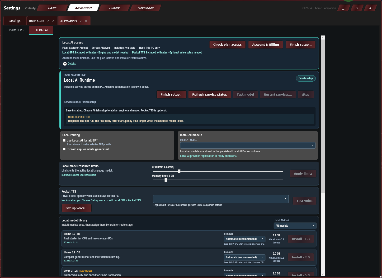 Game Companion Local AI setup screen showing local model and Pocket TTS options